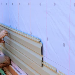 During construction of new home, handyman installs vinyl PVC siding